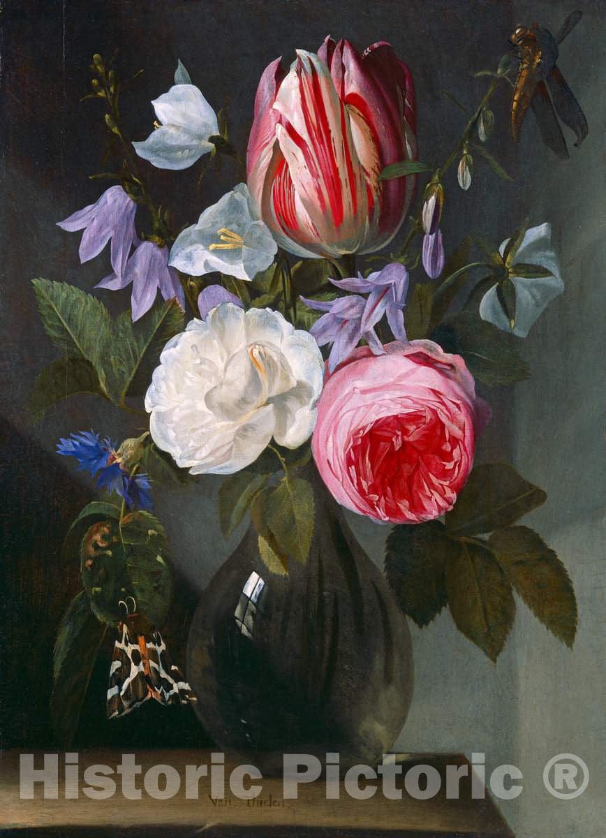 Art Print : Jan Philips Van Thielen, Roses and a Tulip in a Glass Vase, c.1655 - Vintage Wall Art