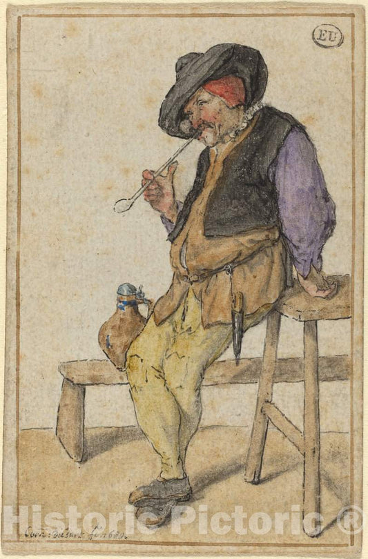 Art Print : Cornelis Dusart, Peasant Smoking, 1689 - Vintage Wall Art