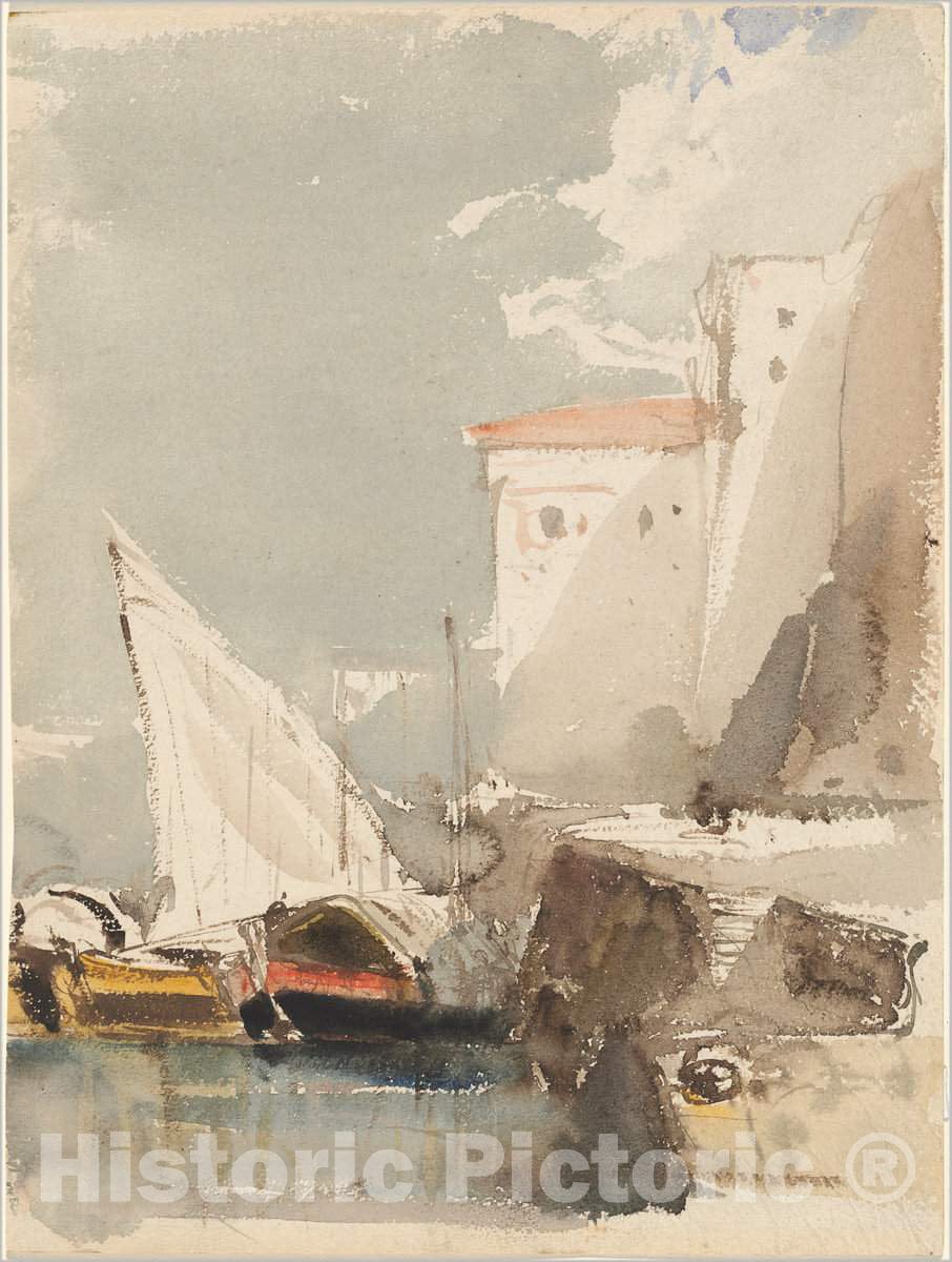 Art Print : EugÃ¨ne Isabey, Sailboats in a Sunlit Harbor (Recto), 1830s - Vintage Wall Art