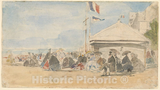 Art Print : EugÃ¨ne Boudin, Beach House with Flags at Trouville, c. 1865 - Vintage Wall Art