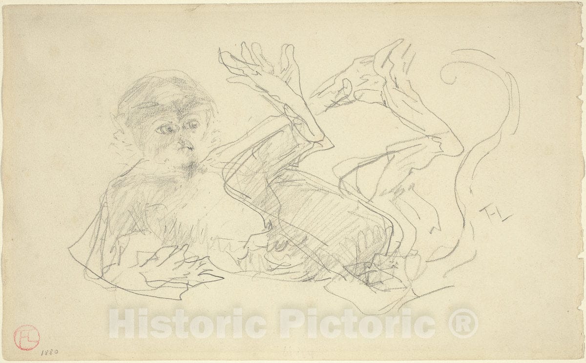 Art Print : Henri de Toulouse-Lautrec, A Monkey Playing on His Back, 1880 - Vintage Wall Art