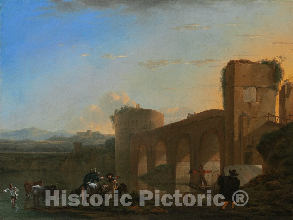 Art Print : Jan Asselijn, The Tiber River with The Ponte Molle at Sunset, c. 1650 - Vintage Wall Art
