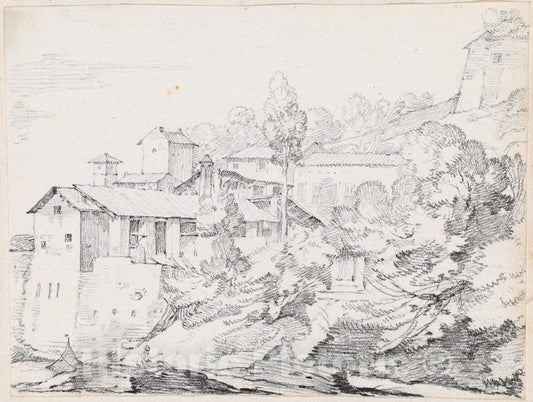 Art Print : Joseph-Marie Vien, Italian Buildings on a Hillside, c.1747 - Vintage Wall Art