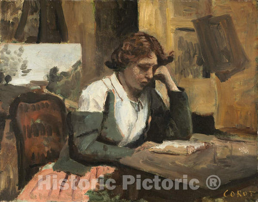 Art Print : Baptiste-Camille Corot, Young Girl Reading, c. 1868 - Vintage Wall Art
