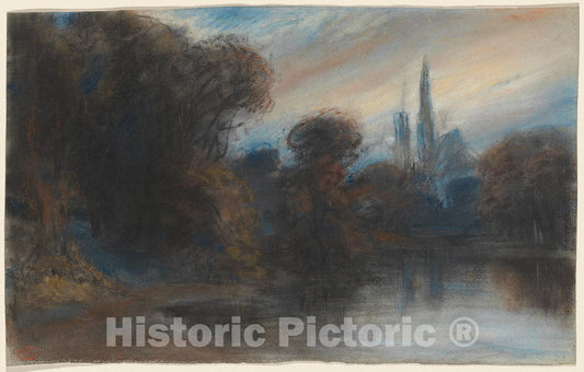 Art Print : Paul Huet, an Abbey by a Wooded Lake at Twilight, c. 1831 - Vintage Wall Art