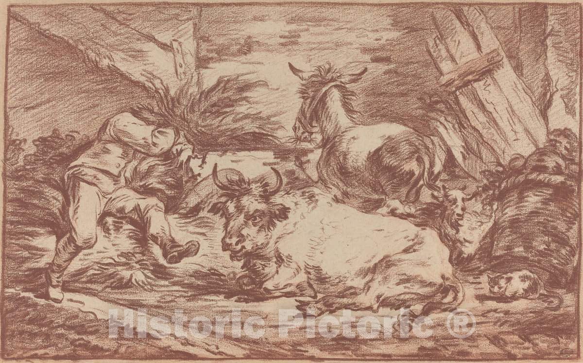 Art Print : Philippe Jacques de Loutherbourg II, Animals in a Stable - Vintage Wall Art
