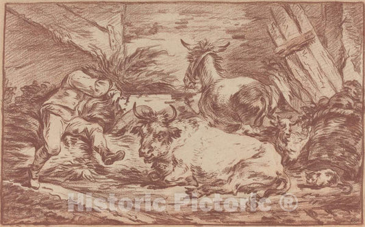 Art Print : Philippe Jacques de Loutherbourg II, Animals in a Stable - Vintage Wall Art
