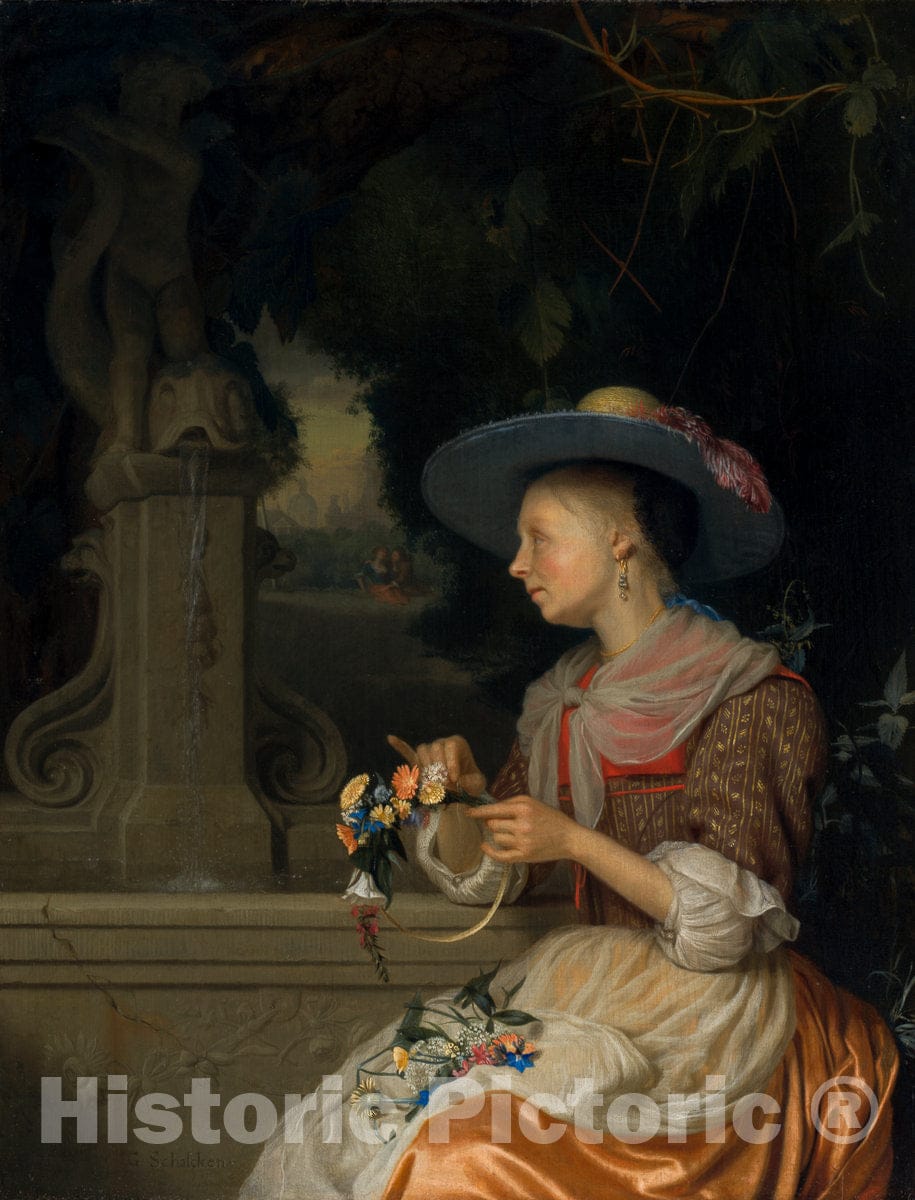 Art Print : Godefridus Schalcken, Woman Weaving a Crown of Flowers, c.1678 - Vintage Wall Art