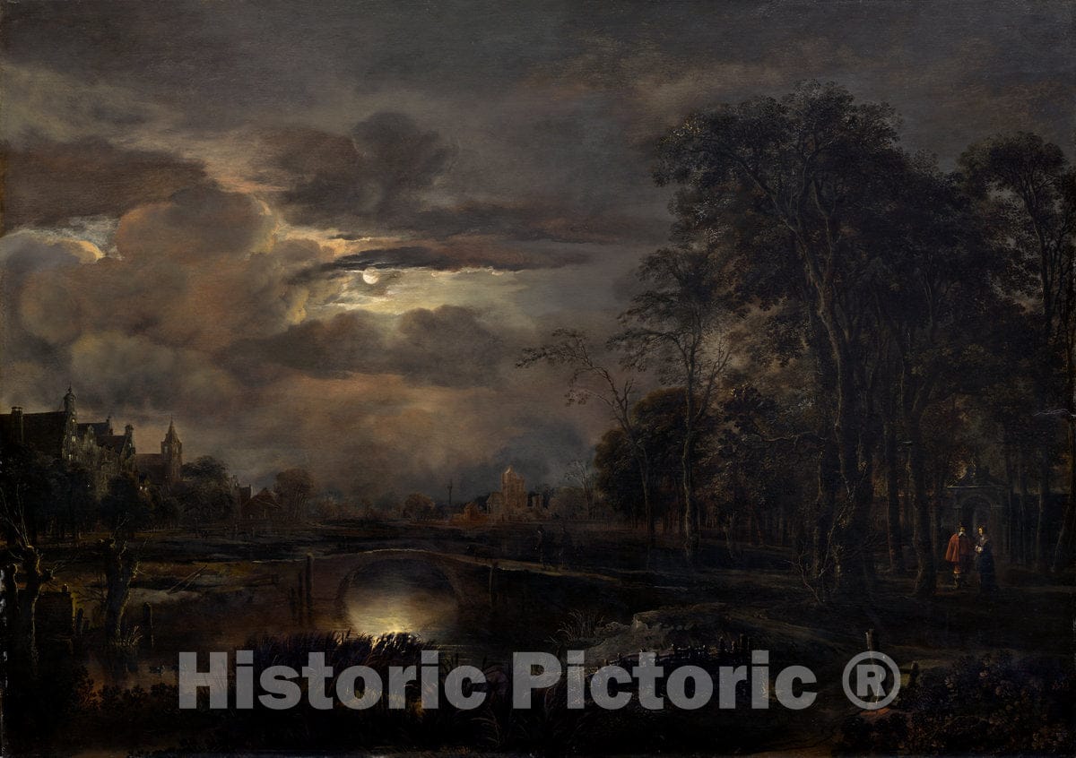 Art Print : Aert Van der Neer, Moonlit Landscape with Bridge, c.1649 - Vintage Wall Art