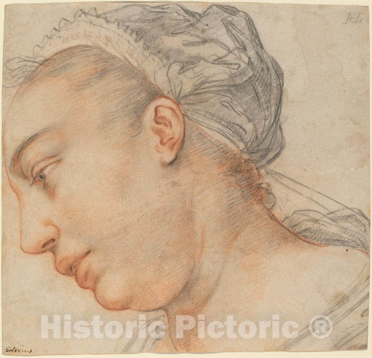 Art Print : Hendrik Goltzius, Head of a Young Woman, c. 1605 - Vintage Wall Art
