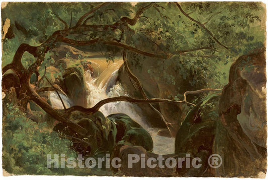 Art Print : AndrÃ© Giroux, Forest Interior with a Waterfall, Papigno, c.1828 - Vintage Wall Art