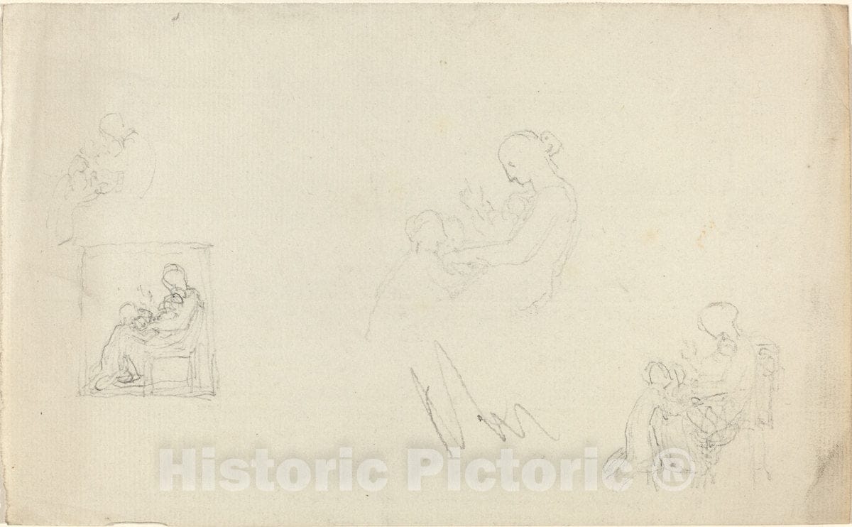 Art Print : John Flaxman, Four Studies of a Seated Woman with Children at Her Feet - Vintage Wall Art