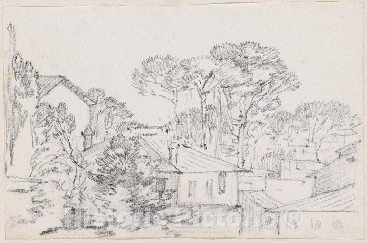 Art Print : Joseph-Marie Vien, Rooftops and Umbrella Pines, c.1747 - Vintage Wall Art