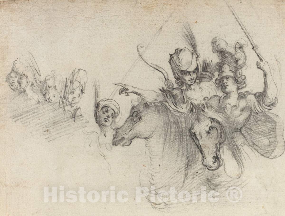 Art Print : Jacques Bellange, Figures on Horseback [Verso] - Vintage Wall Art