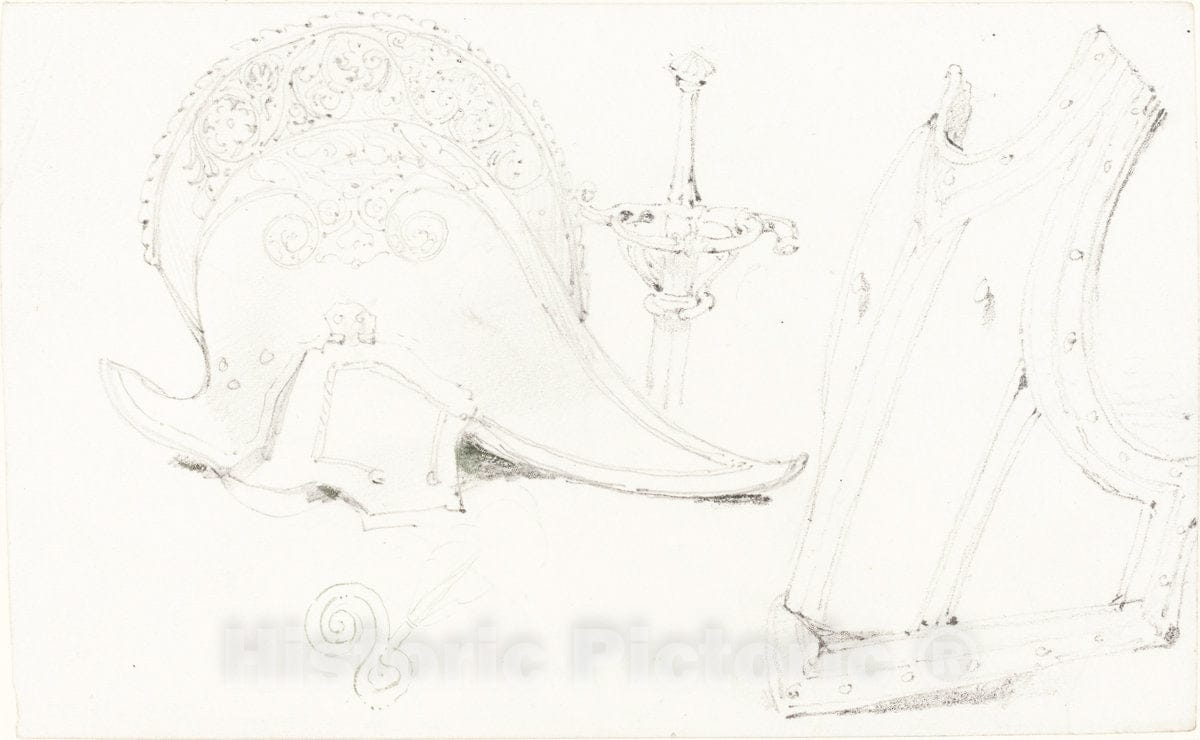Art Print : Joseph Nash, Study of a Helmet, Breastplate, and Rapier - Vintage Wall Art