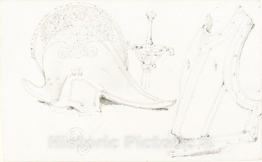 Art Print : Joseph Nash, Study of a Helmet, Breastplate, and Rapier - Vintage Wall Art
