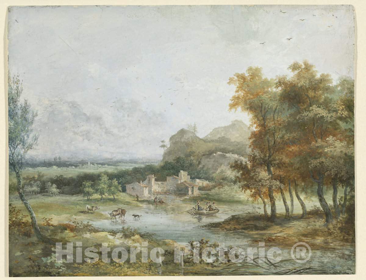 Art Print : Louis Gabriel Moreau The Elder, Italian Landscape with a Boating Party - Vintage Wall Art