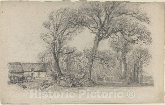 Art Print : EugÃ¨ne Boudin, Landscape with Trees, Cottage, and Farm Wagon, c. 1858 - Vintage Wall Art