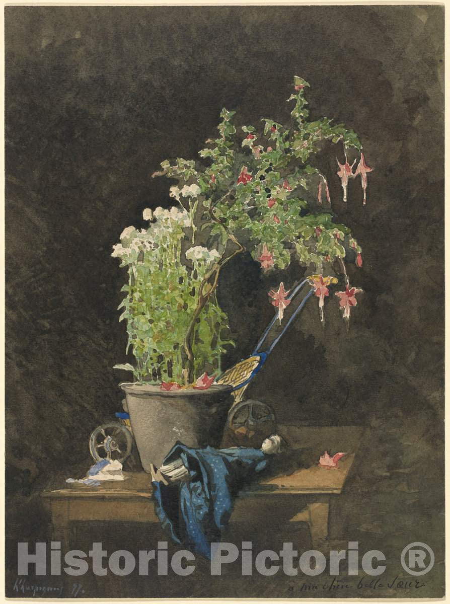 Art Print : Henri-Joseph Harpignies, A Potted Fuchsia with Children's Toys, 1877 - Vintage Wall Art