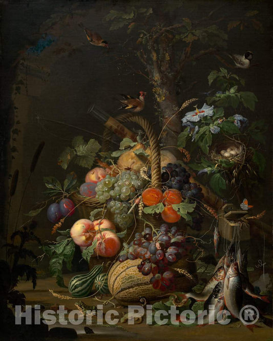 Art Print : Abraham Mignon, Still Life with Fruit, Fish, and a Nest, c. 1675 - Vintage Wall Art