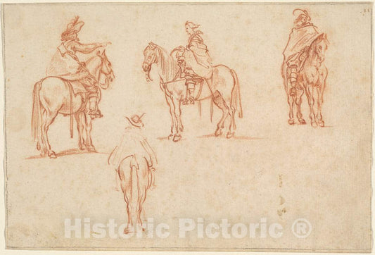 Art Print : Jacques Callot, Study of Four Horsemen, 1628 or Before - Vintage Wall Art