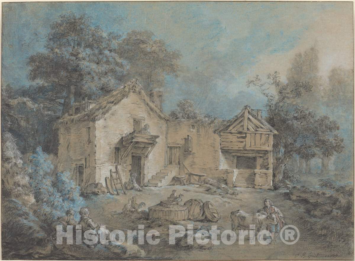 Art Print : Baptiste HÃ¼et, Farm Scene, 1779 - Vintage Wall Art