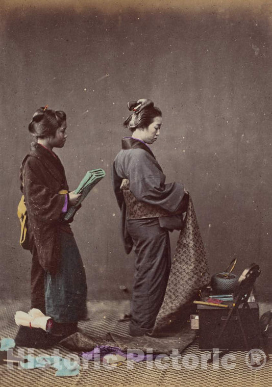 Art Print : Felice Beato, Putting on The OBI or Girdle, 1868 - Vintage Wall Art