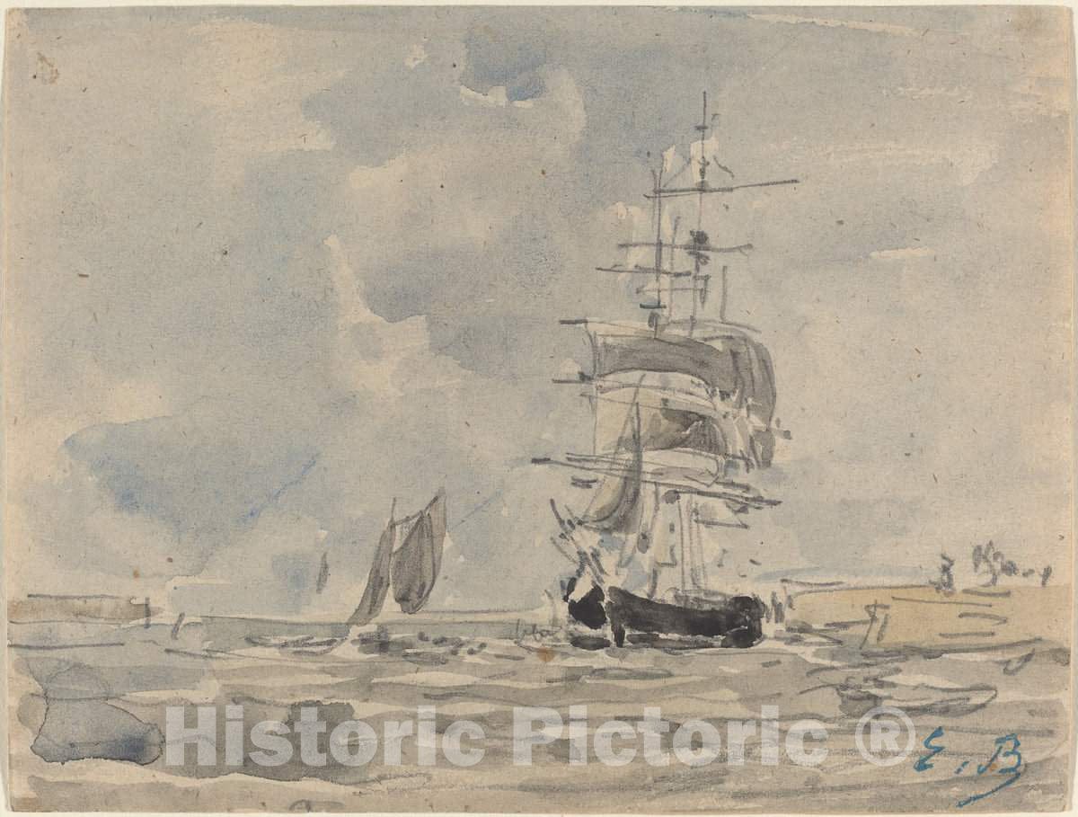 Art Print : EugÃ¨ne Boudin, Seascape with Sailing Vessel, c. 1875 - Vintage Wall Art
