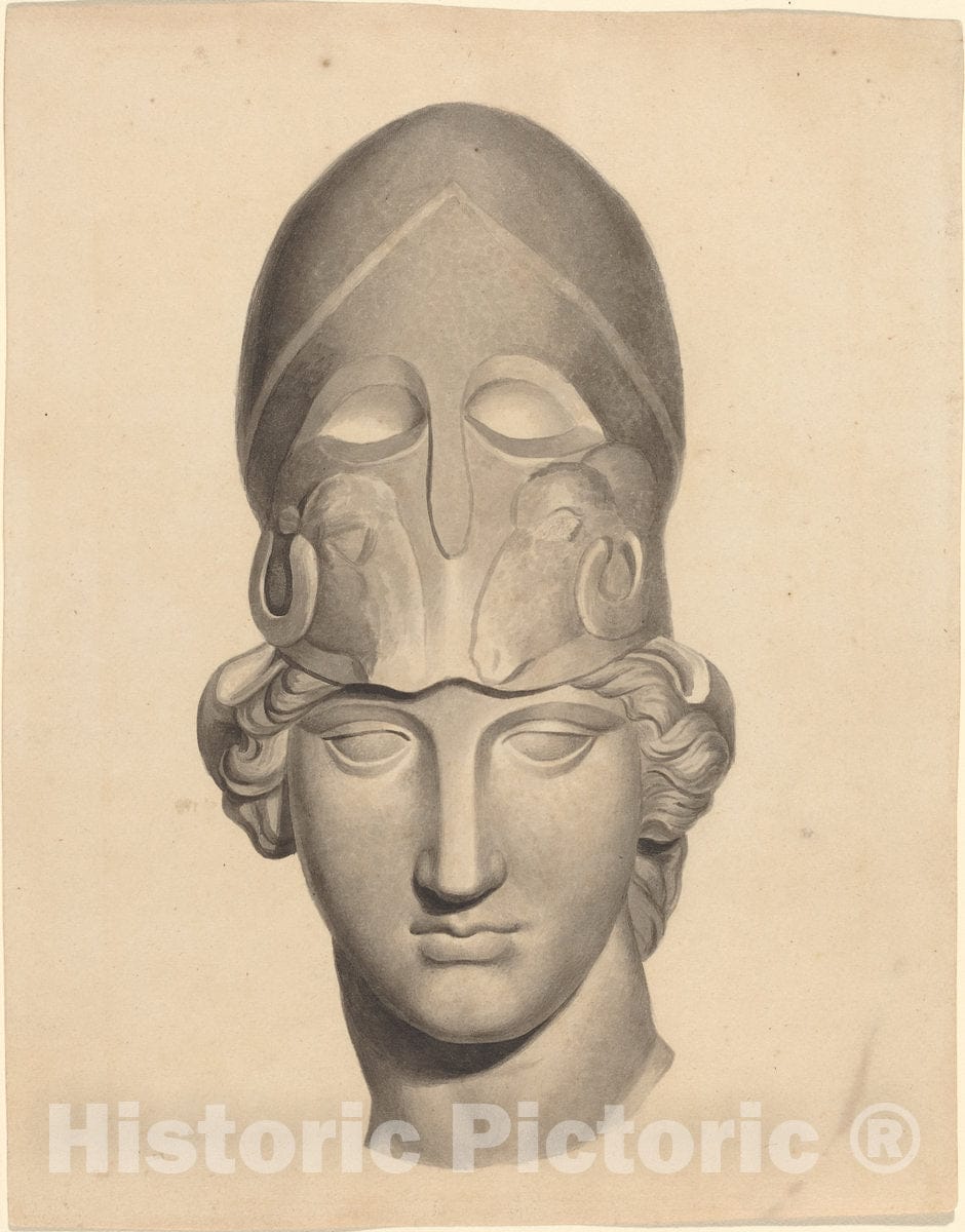 Art Print : John Flaxman, Antique Head with a Helmet - Vintage Wall Art
