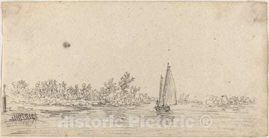 Art Print : Jan Van Goyen, Sailboat on an Estuary, c.1627-1629 - Vintage Wall Art