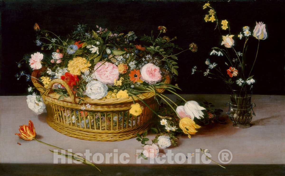 Art Print : Jan Brueghel The Elder, Flowers in a Basket and a Vase, 1615 - Vintage Wall Art