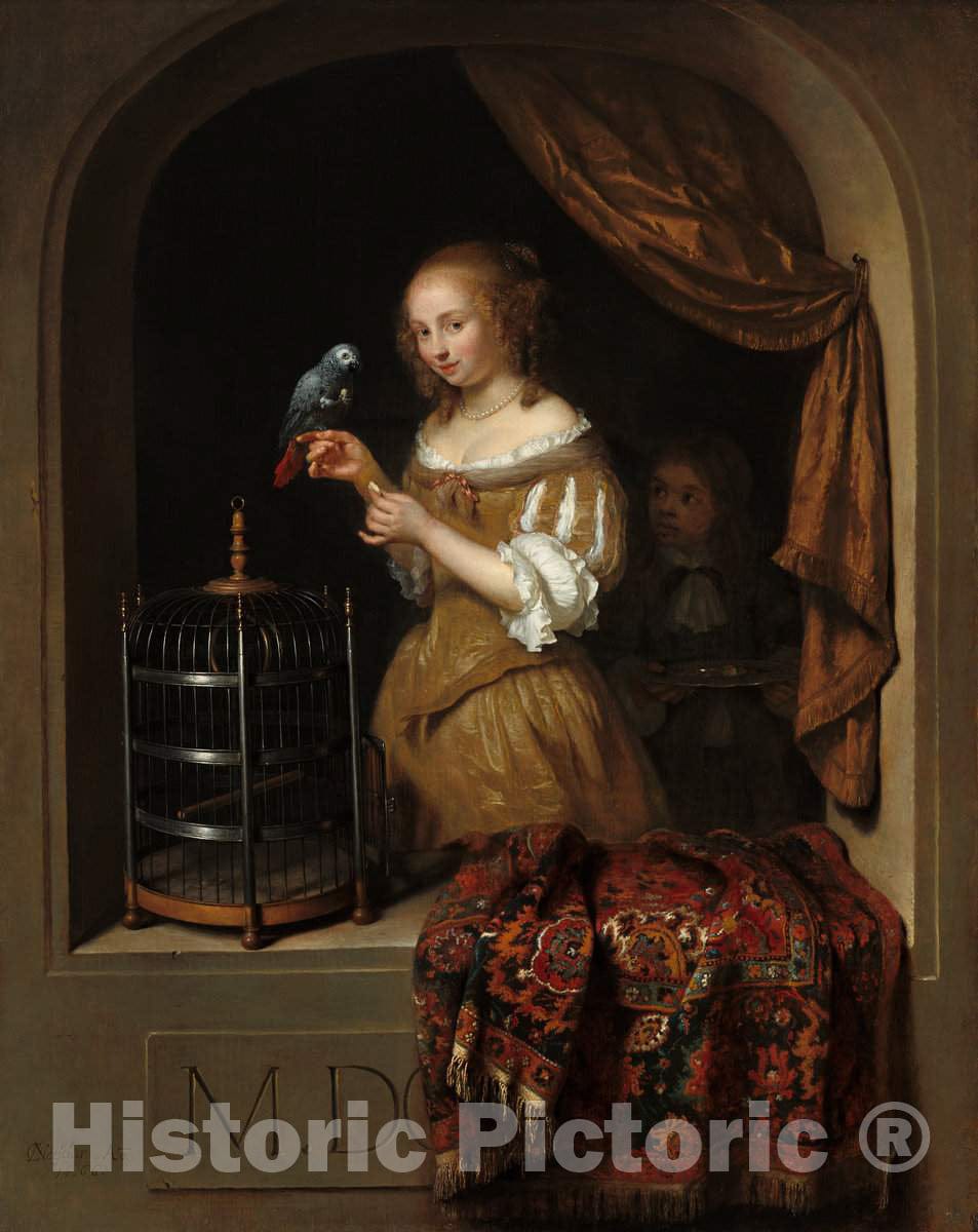 Art Print : Caspar Netscher, A Woman Feeding a Parrot, with a Page, 1666 - Vintage Wall Art