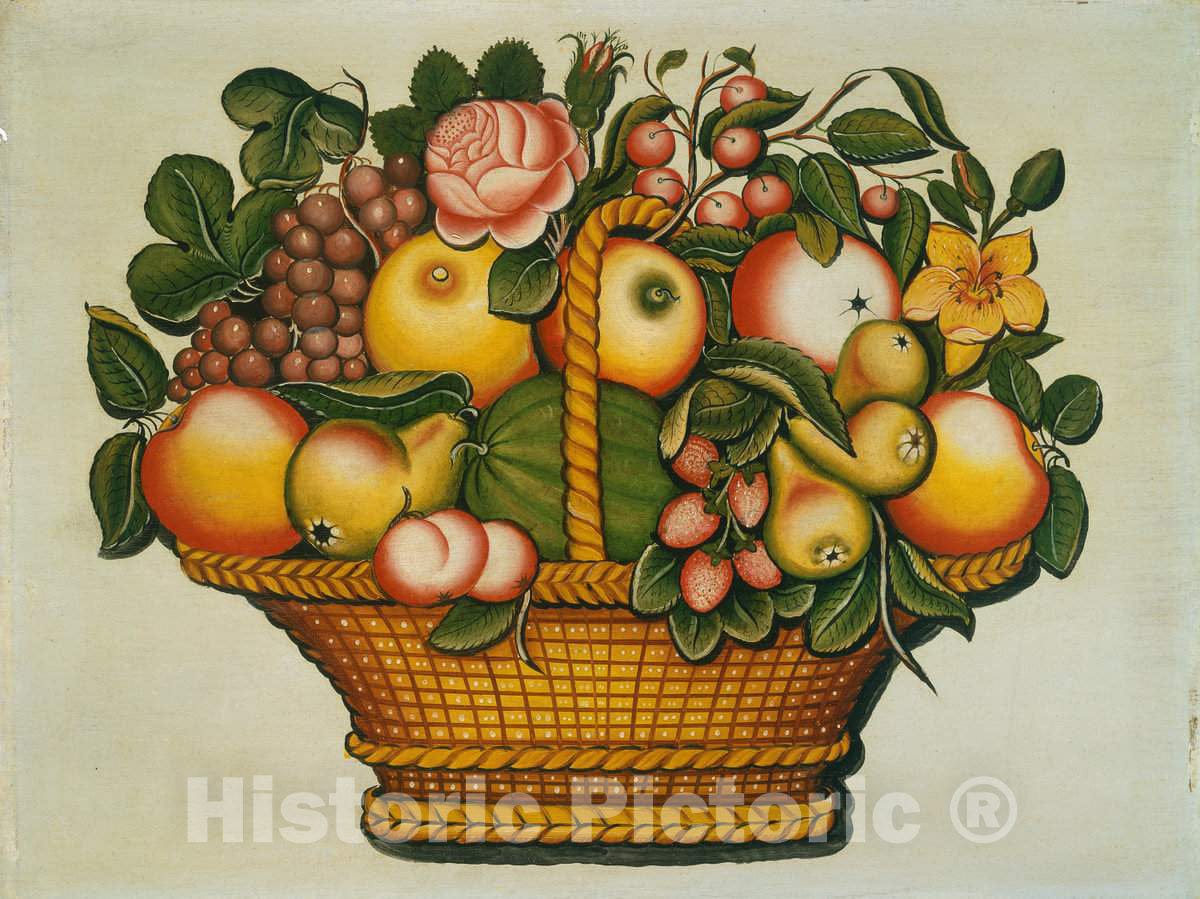 Art Print : Basket of Fruit with Flowers, c. 1830 - Vintage Wall Art