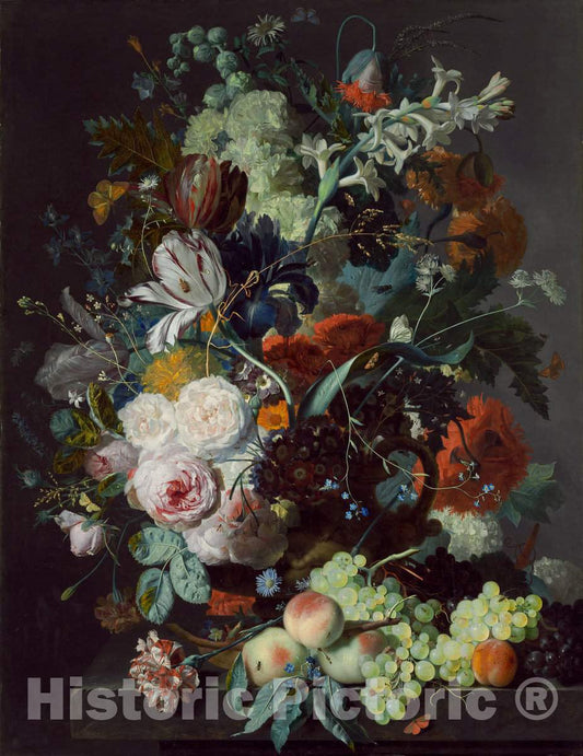 Art Print : Jan Van Huysum, Still Life with Flowers and Fruit, c. 1715 - Vintage Wall Art