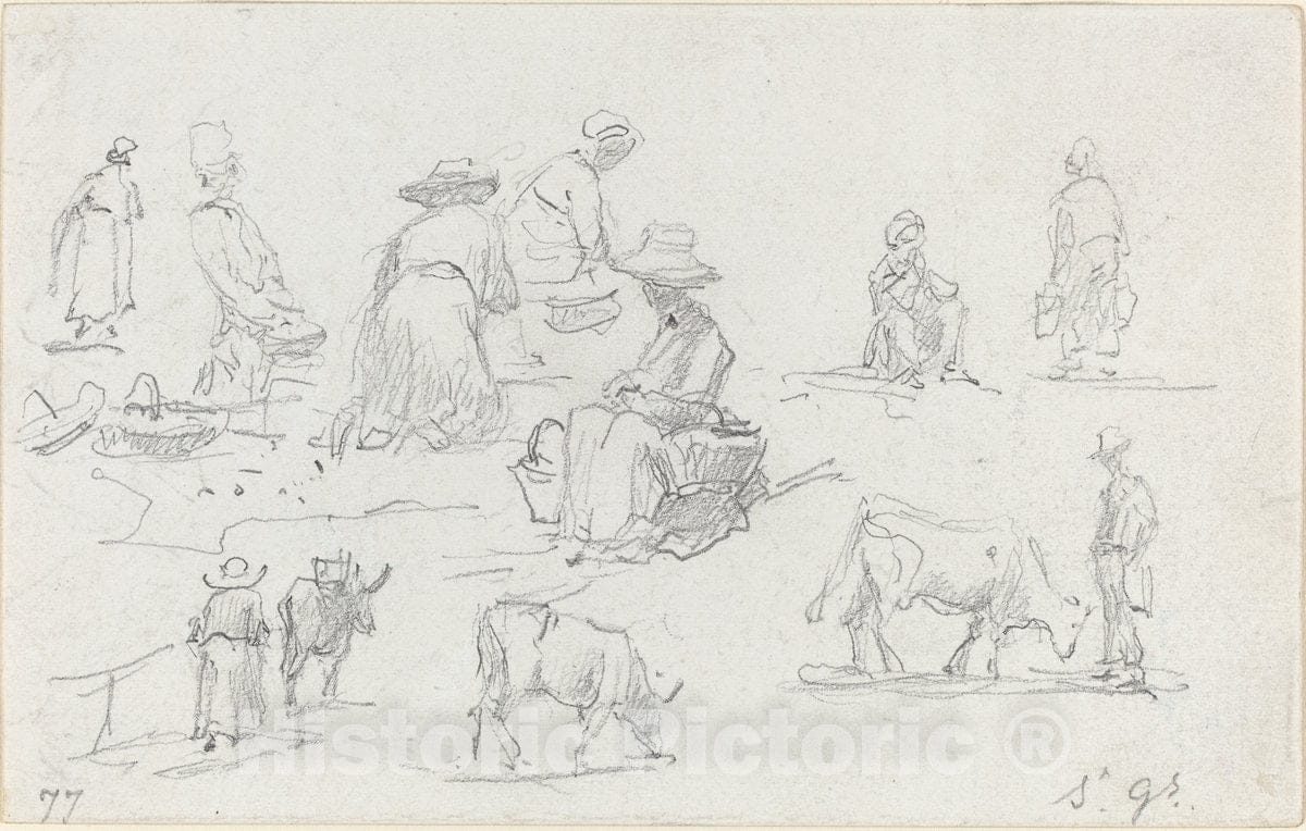 Art Print : EugÃ¨ne Boudin, Peasants and Cows [Recto], 1877 - Vintage Wall Art