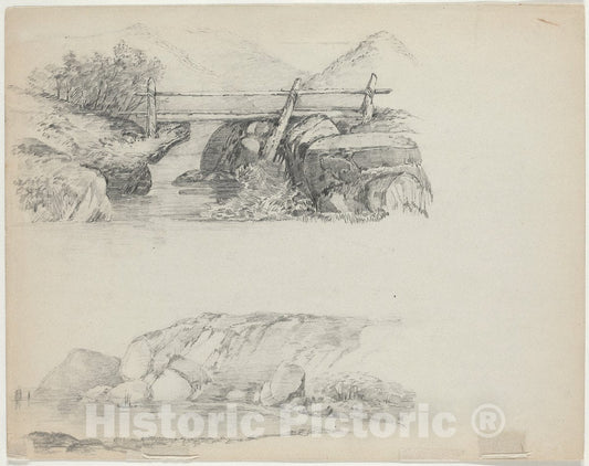 Art Print : John William Casilear, Bridge Over Rocky Stream [top Verso] - Vintage Wall Art