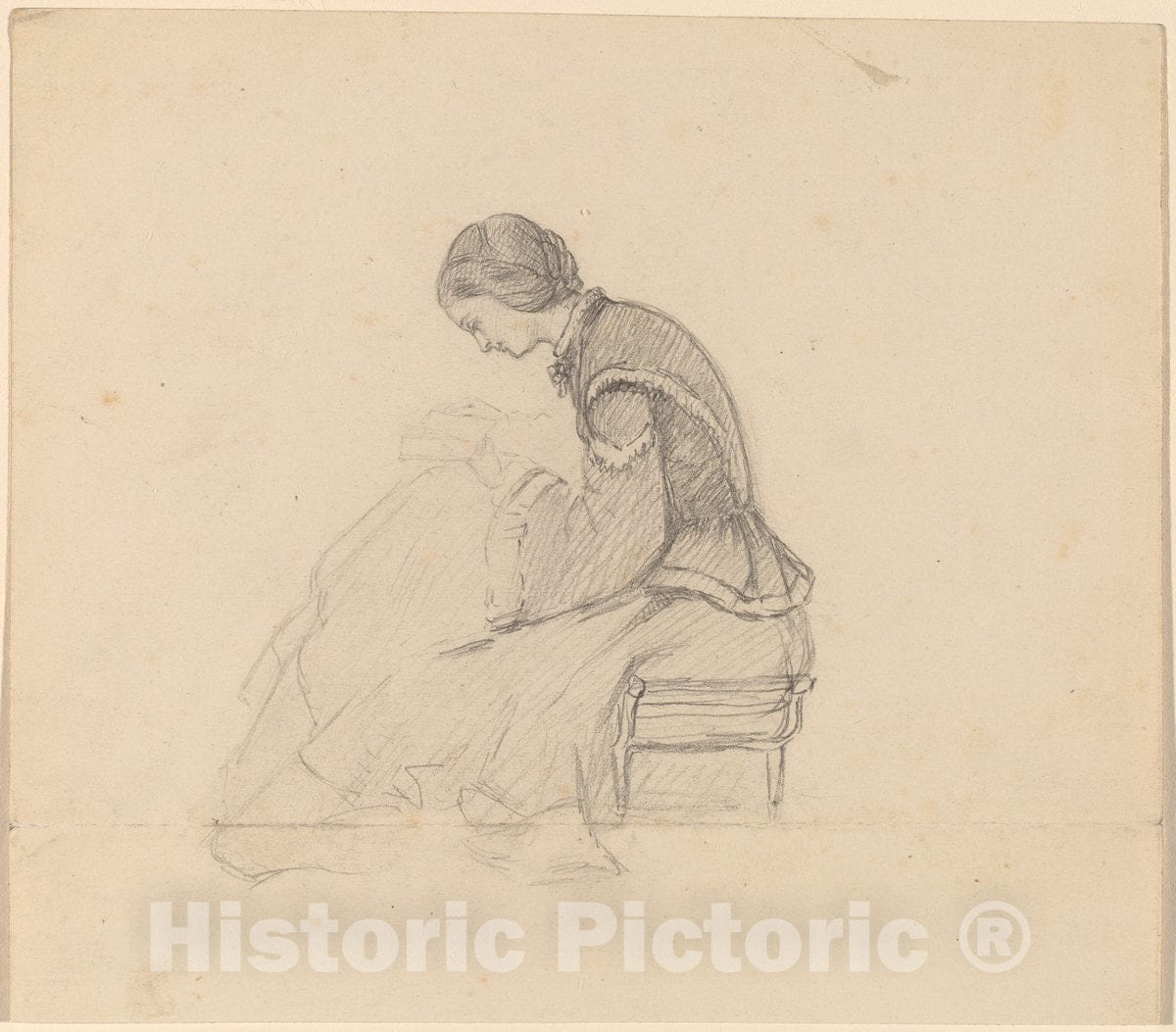 Art Print : Elihu Vedder, Study of a Girl Reading, c. 1858 - Vintage Wall Art