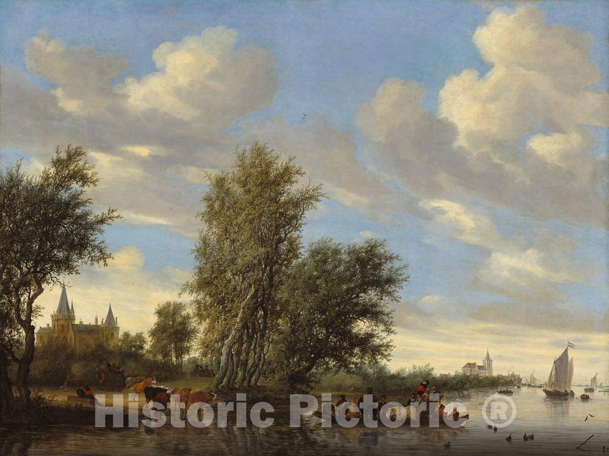 Art Print : Salomon Van Ruysdael, River Landscape with Ferry, 1649 - Vintage Wall Art