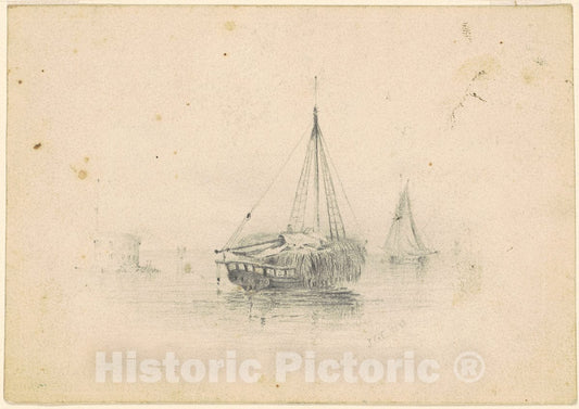 Art Print : Clonney, Boats at Anchor, 1838 - Vintage Wall Art
