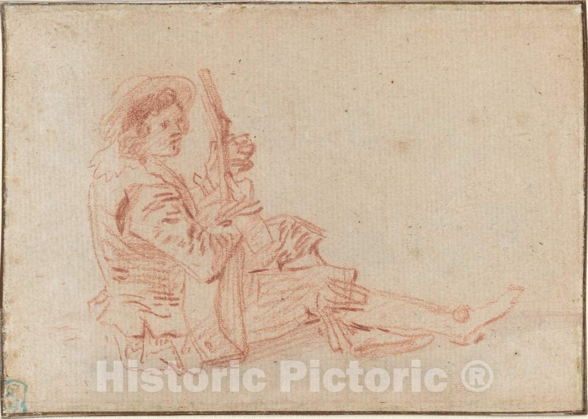 Art Print : Antoine Watteau, Seated Guitarist [Recto] - Vintage Wall Art