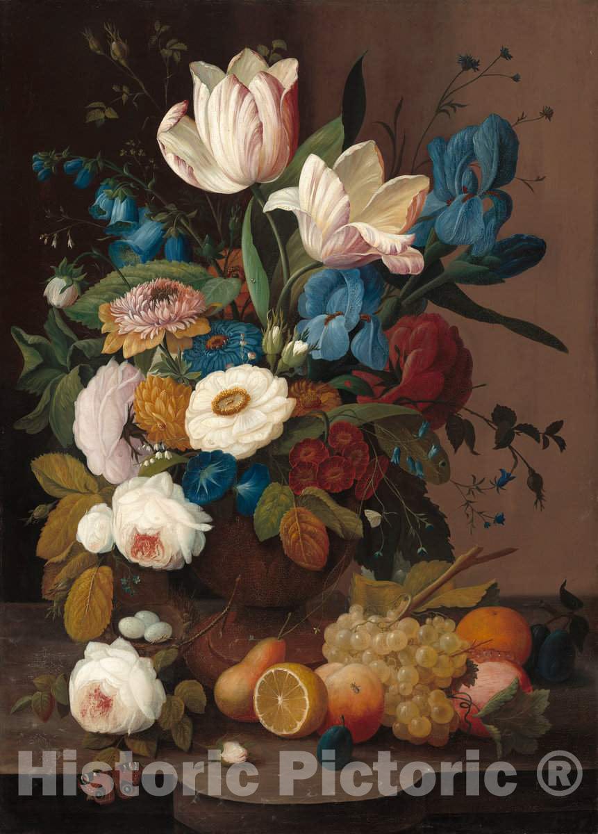 Art Print : Severin Roesen, Still Life, Flowers, and Fruit, 1848 - Vintage Wall Art