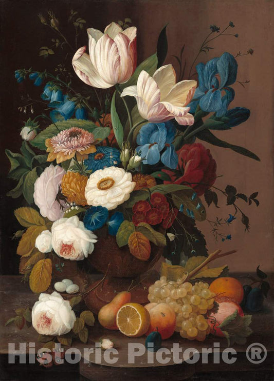 Art Print : Severin Roesen, Still Life, Flowers, and Fruit, 1848 - Vintage Wall Art