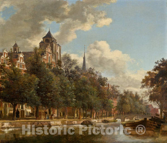 Art Print : Jan Van der Heyden, View Down a Dutch Canal, c. 1670 - Vintage Wall Art