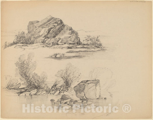 Art Print : John William Casilear, Rocks Along a Lakeshore [Recto] - Vintage Wall Art