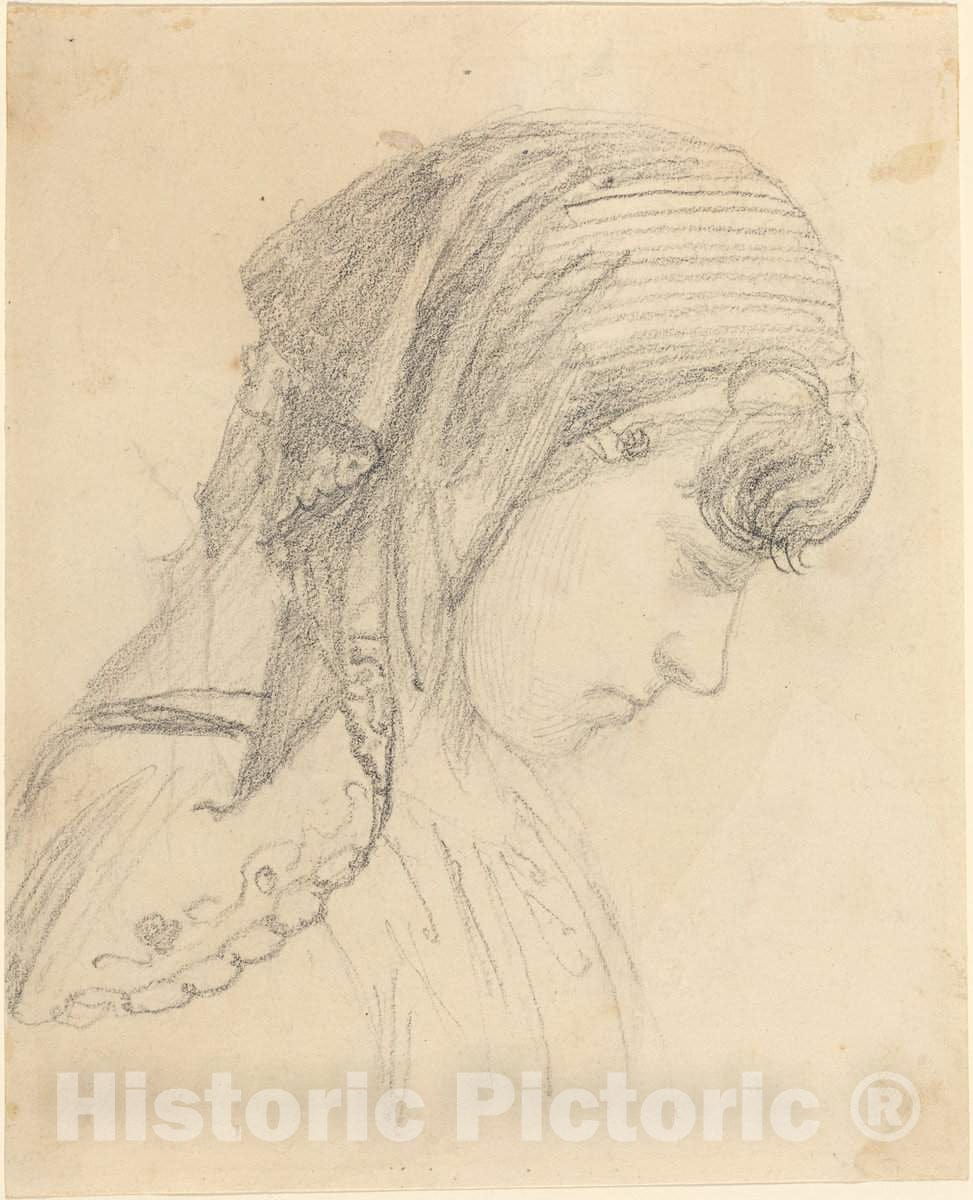 Art Print : John Flaxman, Head of a Woman in a Scarf, Looking Down - Vintage Wall Art