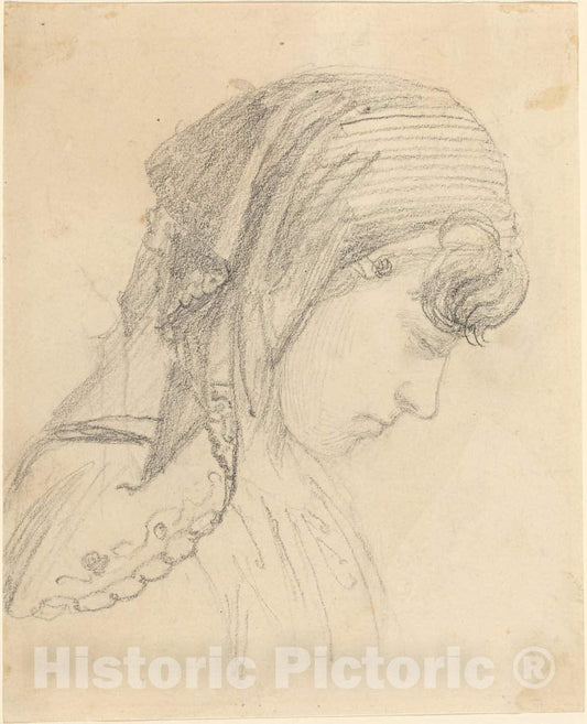 Art Print : John Flaxman, Head of a Woman in a Scarf, Looking Down - Vintage Wall Art