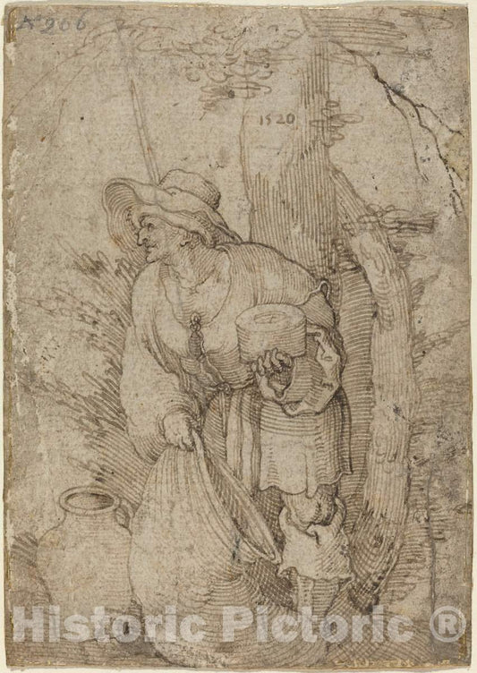 Art Print : Sebald Beham, Old Man Standing Under Tree, 1520 - Vintage Wall Art