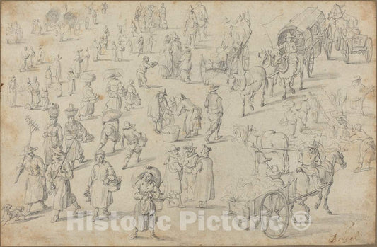 Art Print : David Teniers The Younger, Studies of Market Figures - Vintage Wall Art