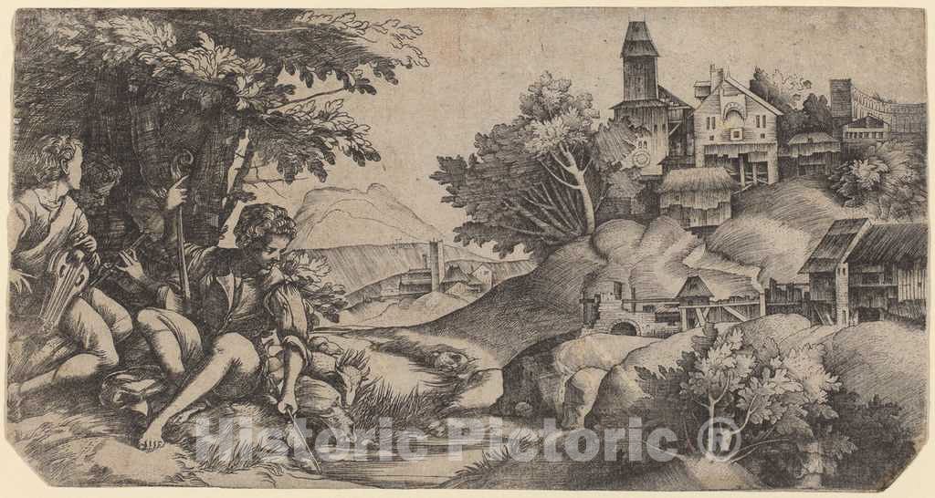 Art Print : Campagnola and Campagnola, Shepherds in a Landscape, c. 1517 - Vintage Wall Art