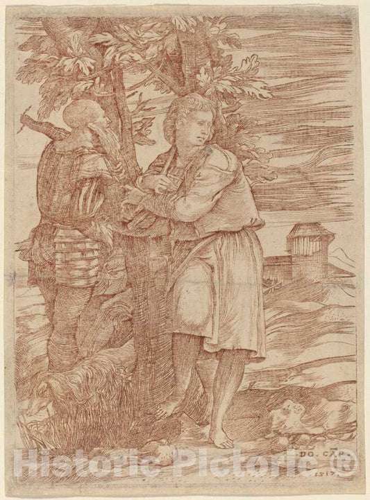 Art Print : Domenico Campagnola, The Shepherd and The Old Warrior, 1517 - Vintage Wall Art